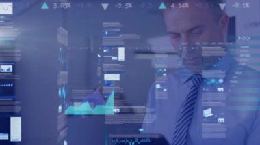 Animation of financial data processing over caucasian businessman. Global business, finances, computing and data processing concept digitally generated video.
