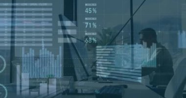 Animation of statistical data processing against caucasian man working at office. Business data technology concept