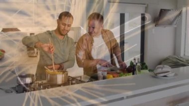 Çeşitli erkek çiftlerin mutfakta yemek pişirmesi üzerine makarna animasyonu. Gıda, içecek ve yaşam tarzı konsepti dijital olarak üretilen video konsepti.