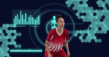 Animation of data processing and scope scanning over biracial female soccer player. Global sport and digital interface concept digitally generated video.