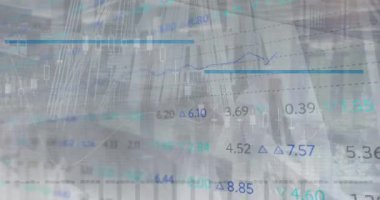 Animation of statistical and stock market data processing against man standing at office. Global economy and business data technology concept