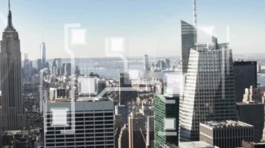 Animation of networks and data processing over cityscape. Global business, finances, computing and data processing concept digitally generated video.