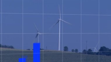 Animation of financial data processing over wind turbines. Global environment, sustainability, wind energy, business, finances, computing and data processing concept digitally generated video.