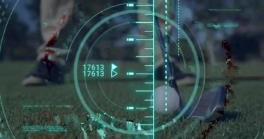 Animation of scope scanning and data processing over caucasian man playing golf. Global sport and digital interface concept digitally generated video.