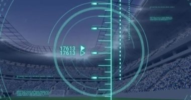 Animation of scope scanning and data processing over sports stadium. Global sport and digital interface concept digitally generated video.
