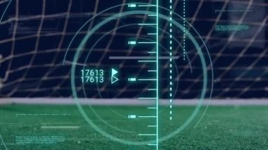 Animation of scope scanning and data processing over football. Global sport and digital interface concept digitally generated video.