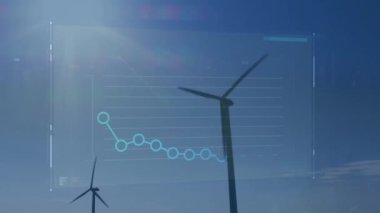 Animation of financial data processing over wind turbines. Global environment, sustainability, business, finances, computing and data processing concept digitally generated video.