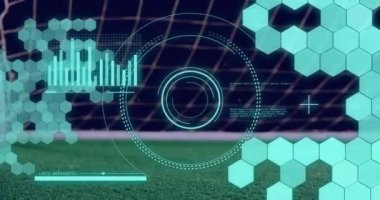 Animation of scope scanning and data processing over playing football. Global sport and digital interface concept digitally generated video.