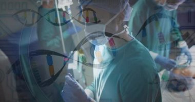 Animation of data processing with dna strands over diverse surgeons operating on patient at hospital. Medicine, healthcare and digital interface concept concept digitally generated video.