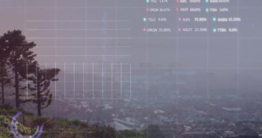 Şehir manzarasının havadan görüntüsüne karşı istatistiksel ve borsa veri işleme animasyonu. Küresel ekonomi ve iş veri teknolojisi kavramı