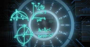 Matematiksel denklemlerin beyaz daireler ve kapsam taraması üzerindeki animasyonu. Küresel iş ve dijital arayüz kavramı dijital olarak oluşturulmuş video.