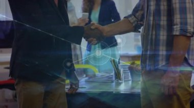 Animation of networks of connections over diverse business people shaking hands. Global business, finances, computing and data processing concept digitally generated video.
