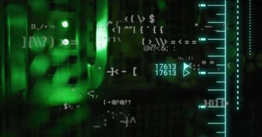 Animation of mathematical equations and data processing over server room. Global technology and digital interface concept digitally generated video.