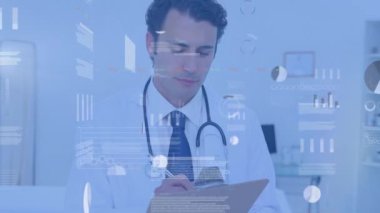 Animation of screen with data processing over caucasian male doctor writing on clipboard at hospital. Computer interface and medical healthcare technology concept
