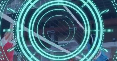 Animation of scope scanning over diverse women playing volleyball at gym. Global sport and digital interface concept digitally generated video.