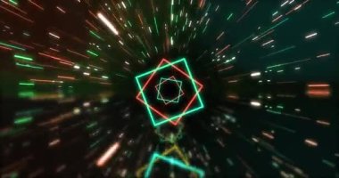 Animation of green and orange neon squares and light trails on black background. Neon, light and movement concept digitally generated video.