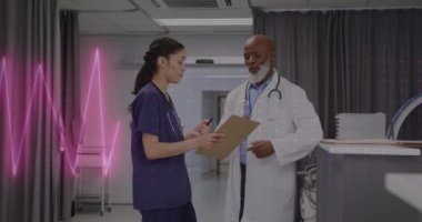 Hastanede çalışan çeşitli doktorların kardiyografisinin animasyonu. Tıp, sağlık ve dijital arayüz kavramı dijital olarak oluşturulmuş video konsepti.