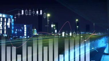 Animation of statistical data processing against time-lapse of night city traffic. Business data technology concept