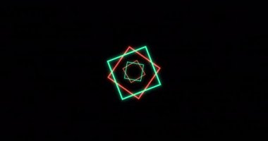 Animation of green and orange neon squares on black background. Neon, light and movement concept digitally generated video.