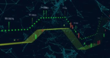 Siyah arkaplanda veri işleme ve şekillerin animasyonu. Dijital arayüz teknolojisi ve ağ konsepti dijital olarak oluşturulmuş video bağlantıları.
