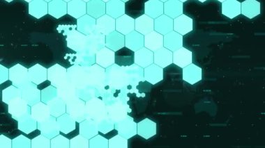 Animation of glowing hexagons over data processing with world map on black background. Global technology, computing and digital interface concept digitally generated video.