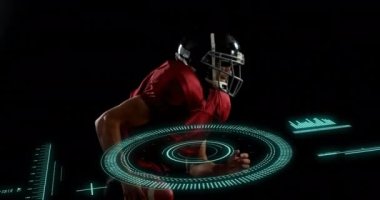 Animation of scope scanning and data processing over caucasian male american football player. Global sport and digital interface concept digitally generated video.