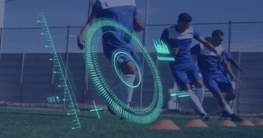 Animation of scope scanning and data processing over diverse male football players exercising. Global sport and digital interface concept digitally generated video.