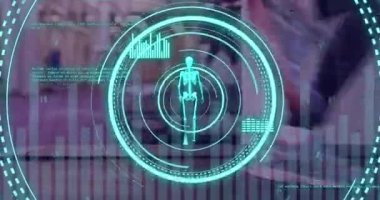 Animation of scope scanning and data processing with skeleton over caucasian people at gym. Global sport and digital interface concept digitally generated video.
