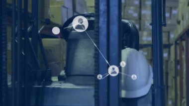 Animation of network of connections with icons over forklift in warehouse. Global shipping, business, finances, computing and data processing concept digitally generated video.