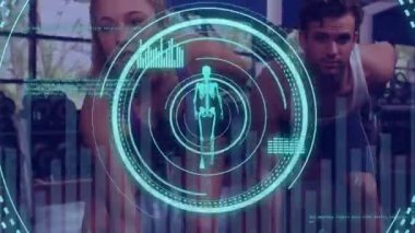 Animation of scope scanning and data processing over caucasian people exercising. Global sport and digital interface concept digitally generated video.
