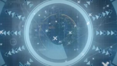 Animation of scope scanning, computer circuit board and data processing. Global networks, computing and data processing concept digitally generated video.