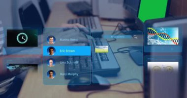 Animation of social media posts and people profiles over hands typing on keyword. Global social media and digital interface concept digitally generated video.
