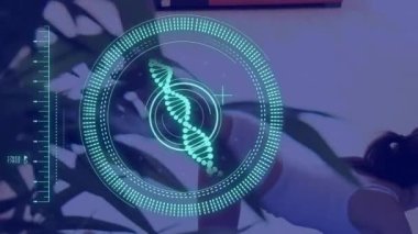 Animation of scope scanning and dna strand over caucasian woman exercising. Global sport and digital interface concept digitally generated video.