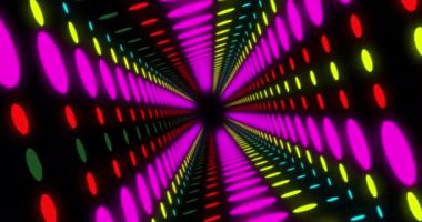 Animation of tunnel of colourful spots moving over black background. Abstract background and pattern concept digitally generated video.