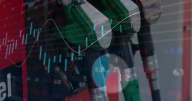 Animation of financial data processing over gas station. Global finances, transport and digital interface concept digitally generated video.