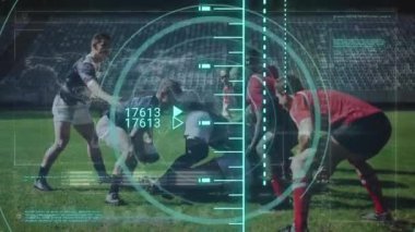 Animation of data processing and scope scanning over diverse male rugby players. Global sport and digital interface concept digitally generated video.