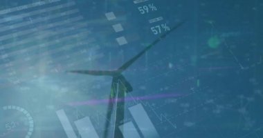 Mavi gökyüzüne karşı dönen yel değirmenine karşı istatistiksel ve finansal veri işleme animasyonu. Küresel finans ve yenilenebilir enerji teknolojisi kavramı