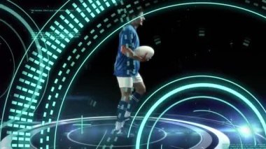 Animation of scope scanning and data processing over caucasian male rugby player. Global sport and digital interface concept digitally generated video.