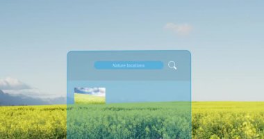 Animation of interface with nature locations text over landscape with mountains and field. Global social media and digital interface concept digitally generated video.