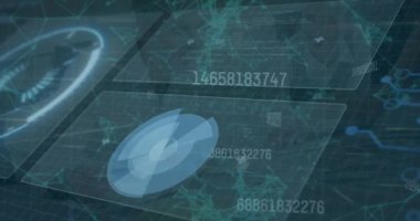 Animation of interface with data processing over diverse colleagues discussing over a plan at office. Computer interface and business data technology concept