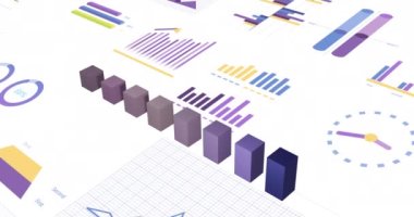 Animation of financial data processing with graphs on white background. Global business, finances and digital interface concept digitally generated video.