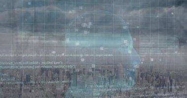 Animation of data processing over spinning human head model against aerial view of cityscape. Medical research and and business technology concept