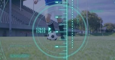 Animation of scope scanning and data processing over caucasian man playing football. Global sport and digital interface concept digitally generated video.