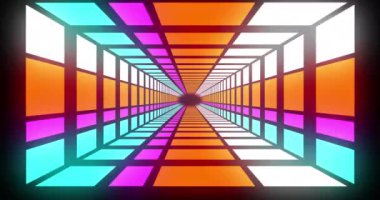 Animation of tunnel of colourful shapes moving over black background. Abstract background and pattern concept digitally generated video.
