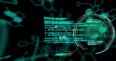 Animation of data processing and brain with handprint on black background. Global science and digital interface concept digitally generated video.