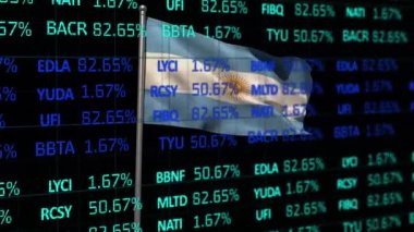 Animation of stock market data processing over waving argentina flag against black background. National economy and business technology concept