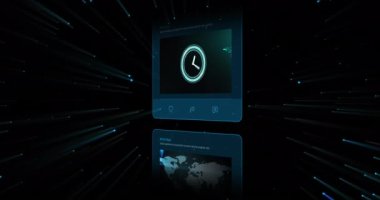 Animation of social media posts over light trails on black background. Global social media and digital interface concept digitally generated video.