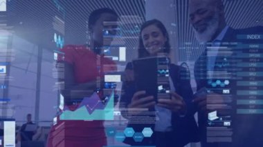 Animation of financial data processing over diverse business people. Global business, finances, computing and data processing concept digitally generated video.