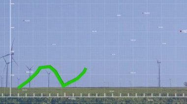 Animation of financial data processing with green line over wind turbines. Global environment, sustainability, wind energy, business, computing and data processing concept digitally generated video.