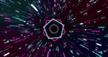 Animation of purple and pink neon hexagons and light trails on black background. Neon, light and movement concept digitally generated video.